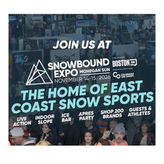 Promotional graphic for Snowbound Expo 2026 in Mohegan Sun, with a crowd scene in the background and large text inviting attendees to the event. Visible brands include Boston, Visual Sports Group, and Snowbound Expo.