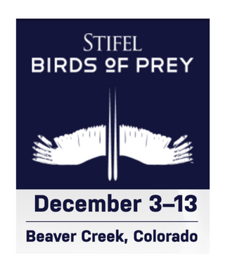 A square promotional poster or graphic for 'Stifel Birds of Prey' with a dark navy blue top section, white bird wings illustration, and text reading 'December 3-13 Beaver Creek, Colorado' on a white background.